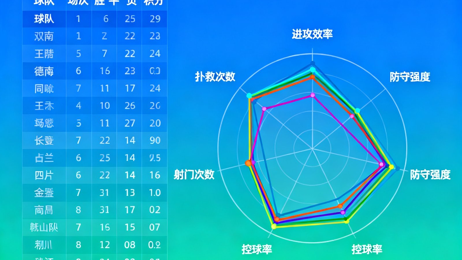 世界杯小组赛季积分榜与球队数据雷达图，展示各队进攻防守指标
